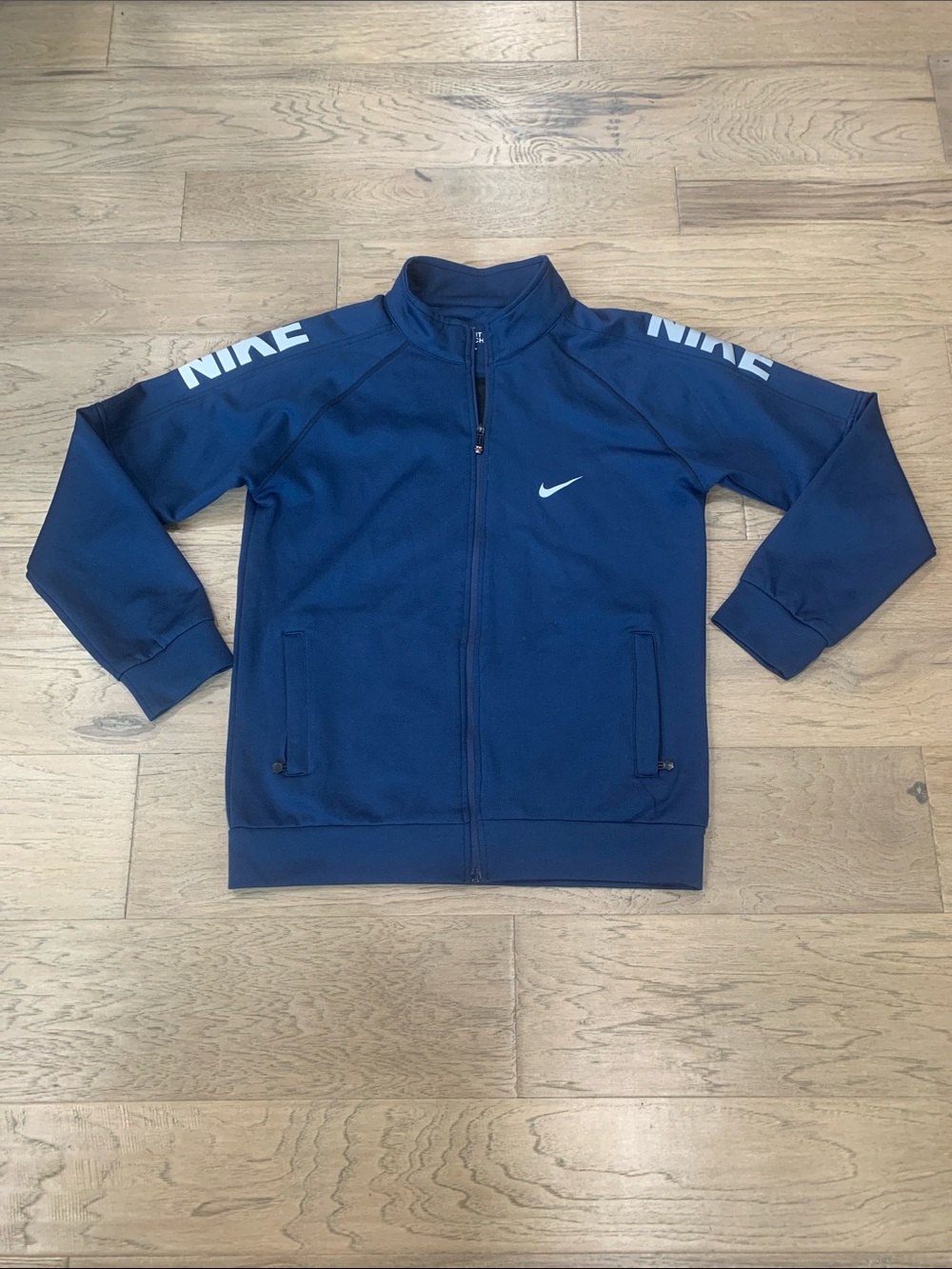 Nike Boys Dri Fit Navy Blue Full-Zip Hoodie Jacket with White Logos Size XL